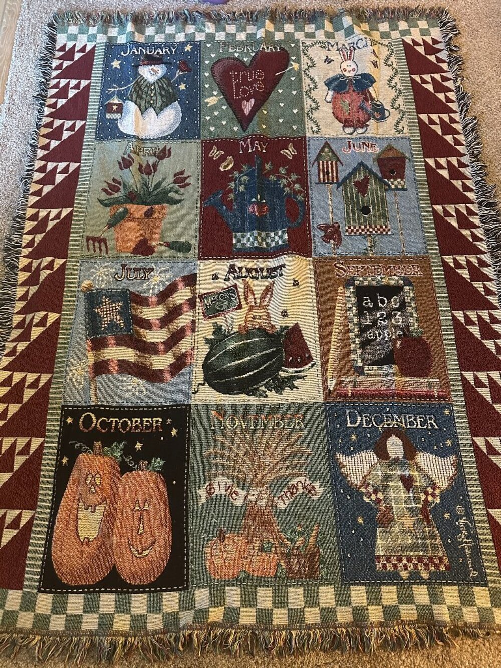 VTG Calendar Months Tapestry Throw Fringe Blanket 50x66" woven holidays EUC